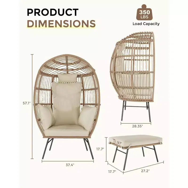 Oversize Wicker Egg Chair with Ottoman - Egg Shaped Lounge with Thick Cushion, Comfy Egg Rattan Seat, Indoor Outdoor Use, for Patio Porch Backyard