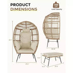 Oversize Wicker Egg Chair with Ottoman - Egg Shaped Lounge with Thick Cushion, Comfy Egg Rattan Seat, Indoor Outdoor Use, for Patio Porch Backyard