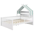 ModernLuxe Twin/Full Size Wooden House Bed with Storage Headboard, Solid Pine Kids Bed Frame with Guardrails