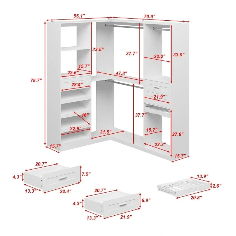 Corner Wardrobe Closet with 2 Hanging Rods, Pants Rack, and Shoe Storage Organizer Armoires