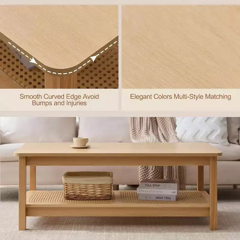 Bekrvio 47.2'' Boho Mid Century Modern Coffee Table, 2-Tier Rustic Rectangle Wood Center Table with Wood Legs & Rattan Shelf, for Living Room