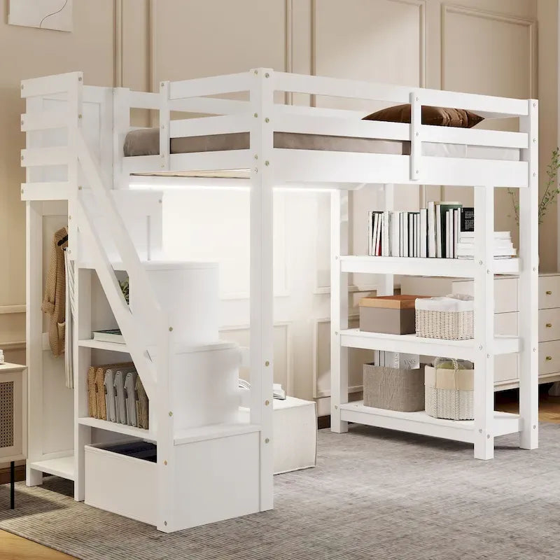 Full/Twin Loft Bed with Storage Stairs - Shelves, Wardrobe & LED Light, Space-Saving Design