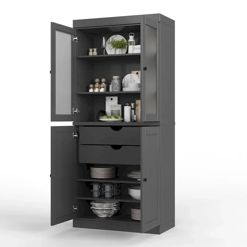 100% Solid Wood Pantry Cabinet with Frosted Glass Doors, Solid Doors, 2-Drawers and Adjustable Shelves
