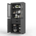 100% Solid Wood Pantry Cabinet with Frosted Glass Doors, Solid Doors, 2-Drawers and Adjustable Shelves