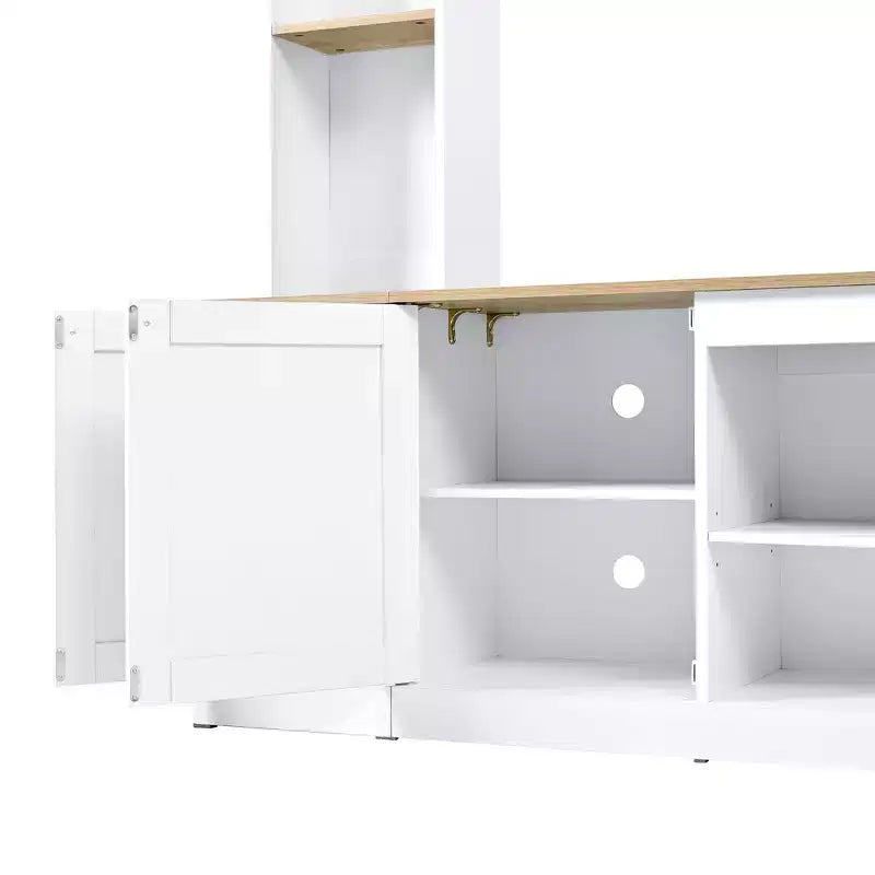 Whisen 91 Media Console, Arched Entertainment Center Wall Unit, Farmhouse TV Stand with Bookshelf, Wood Grain for TVs Up to 70