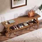 Lantine 63 Solid Wood Shoe Storage Bench , Farmhouse Entryway Bench with Storage Shelf, Dining Bench for Entryway, Bedroom, Mudroom, Rustic Brown