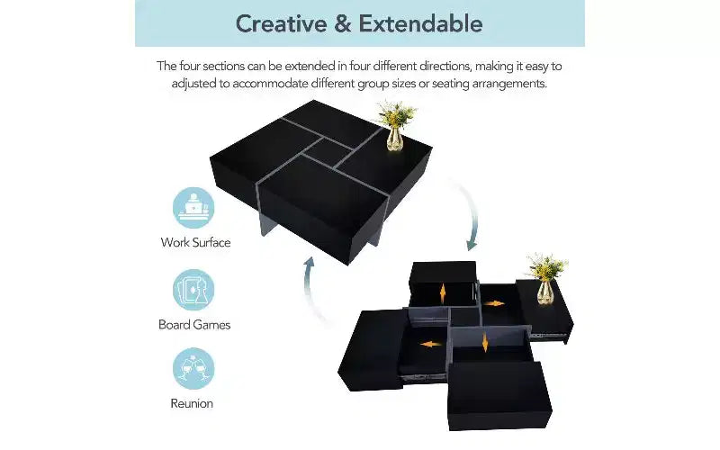 Extendable Puzzle-Top Coffee Table with 4 Hidden Storage Compartments