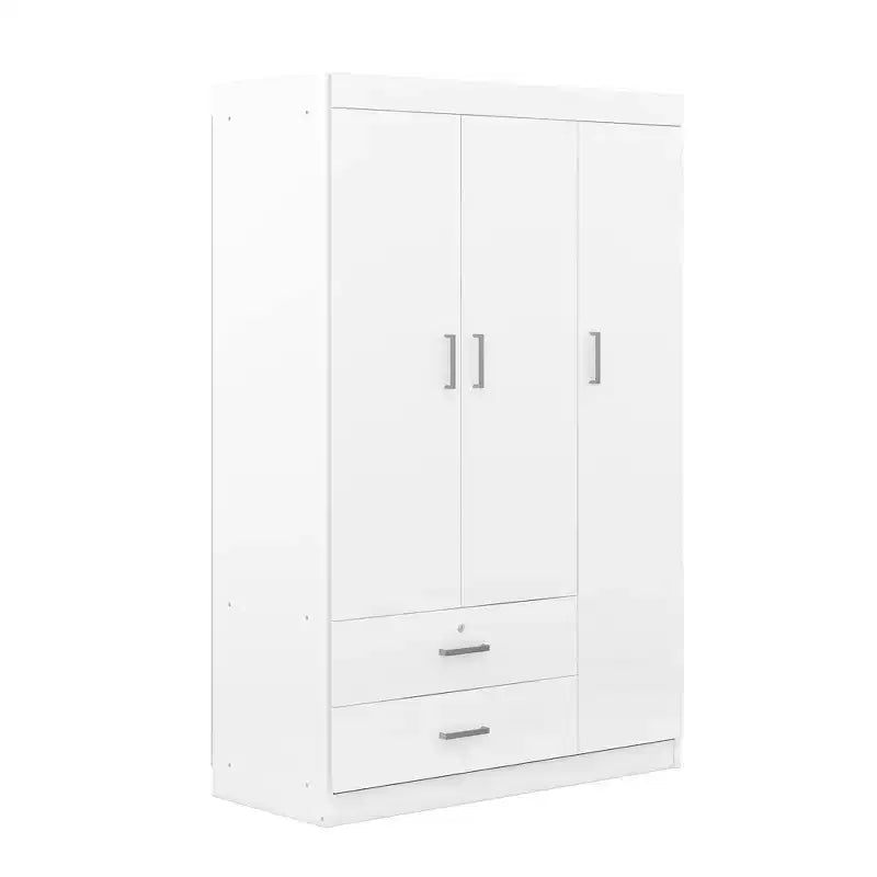 Whisen Wood 3-Door Wardrobe Armoire with Hanging Rod, 2-Drawers, and Storage Shelves
