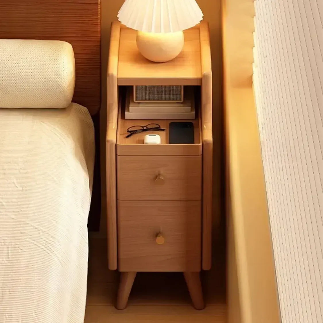 White Wood Narrow Nightstands with Drawers