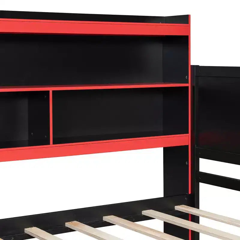 Full/Queen Gaming Daybed with Bookcase Headboard, LED Lights, Integrated Desk, Drawers and Charging Station