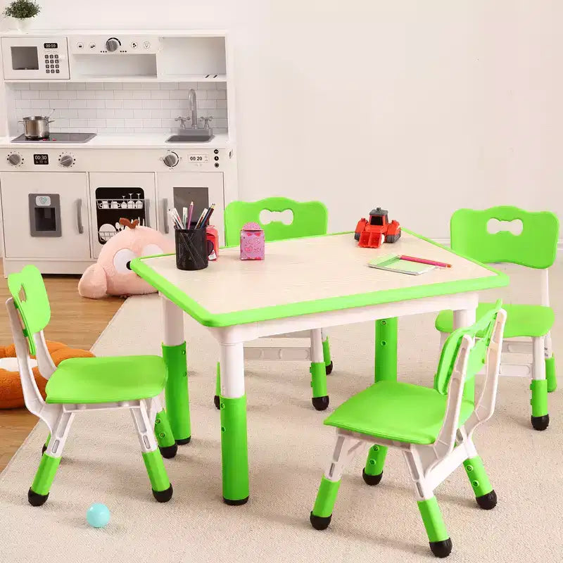 Children's table and 4 chairs, height-adjustable, doodle tabletop, multifunctional children's table and chair set for reading, drawing, dining