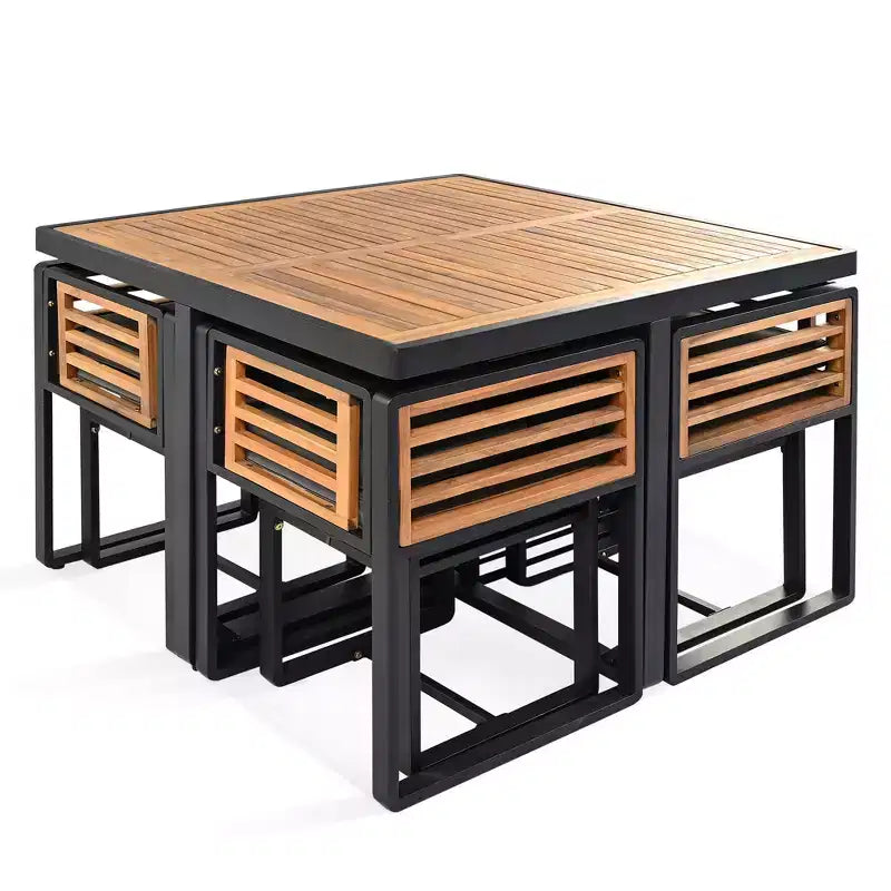 GDFStudio Donald Patio 9-Piece Acacia Wood Dining Set with Square Table, 4 Cushioned Chairs and 4 Stools