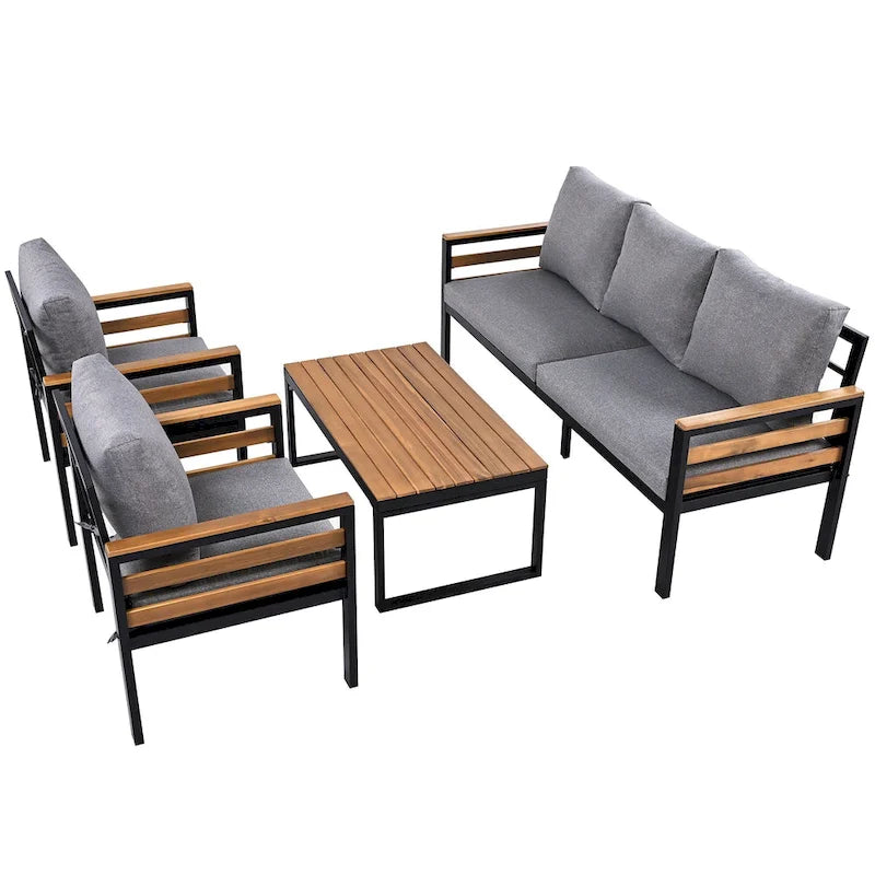 4-Piece Outdoor Sofa Set for 5 with Solid Wood Coffee Table and Removable Cushions