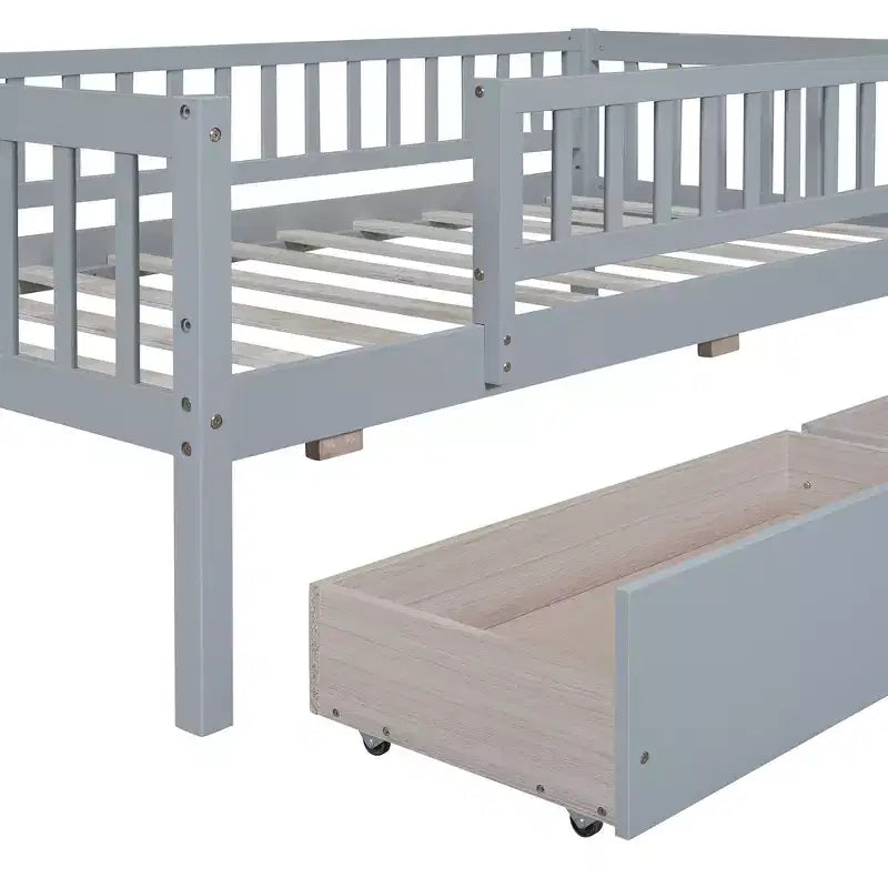 Twin Size Low Daybed with Storage Drawers, Wood Twin Platform Bed Frame with Rails for Boys and Girls Bedroom