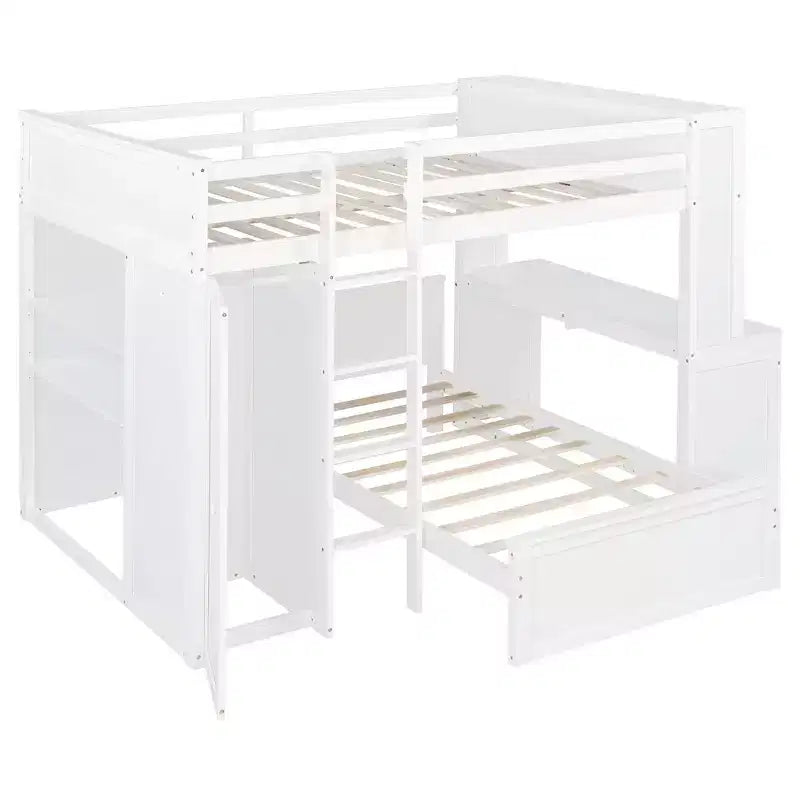 Luxystar Full over Twin L Shaped Bunk Bed with Desk, Bookcase and Wardrobe