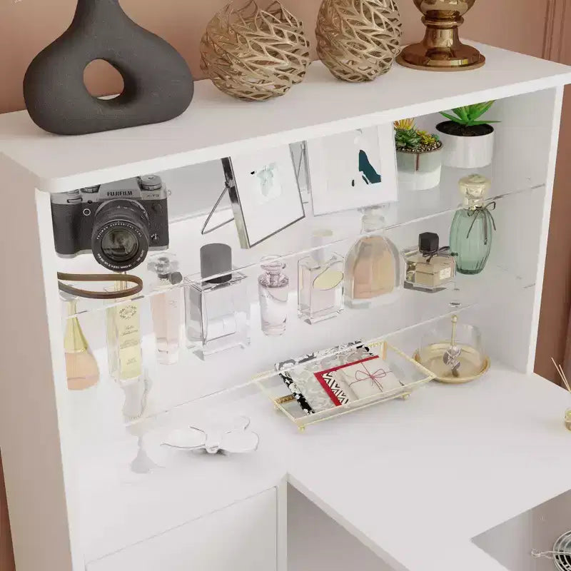 White Nail Table with Built-in Dust Extractor, Tempered Glass Display, Gold Handles Nail Salon Station Makeup Vanity Makeup Table