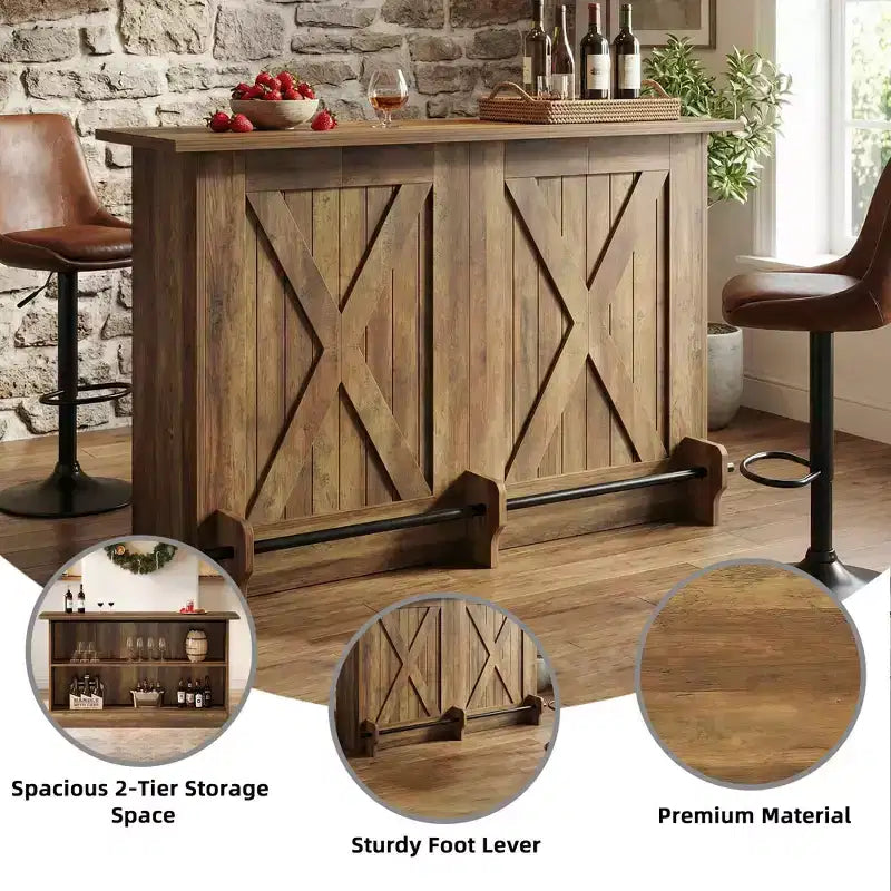 MAYEERTY 63 Rustic Bar Cart with 2-Tier Open Storage, Metal Frame & Particleboard Home Serving Cart, 220lbs Capacity Adjustable Feet