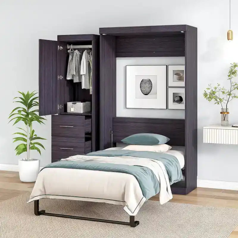 Gray Twin Size Foldable Murphy Bed Cabinet with 1 Wardrobe and 3 Drawers for 1 Person