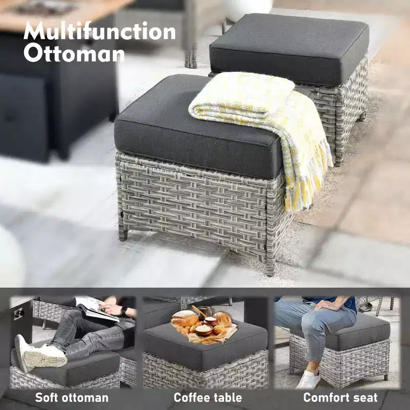 HOMLUX 6 PCS Patio Wicker Conversation Set 3-Seat Sofa with Cushion, Rattan Chairs, Ottomans, Coffee Table