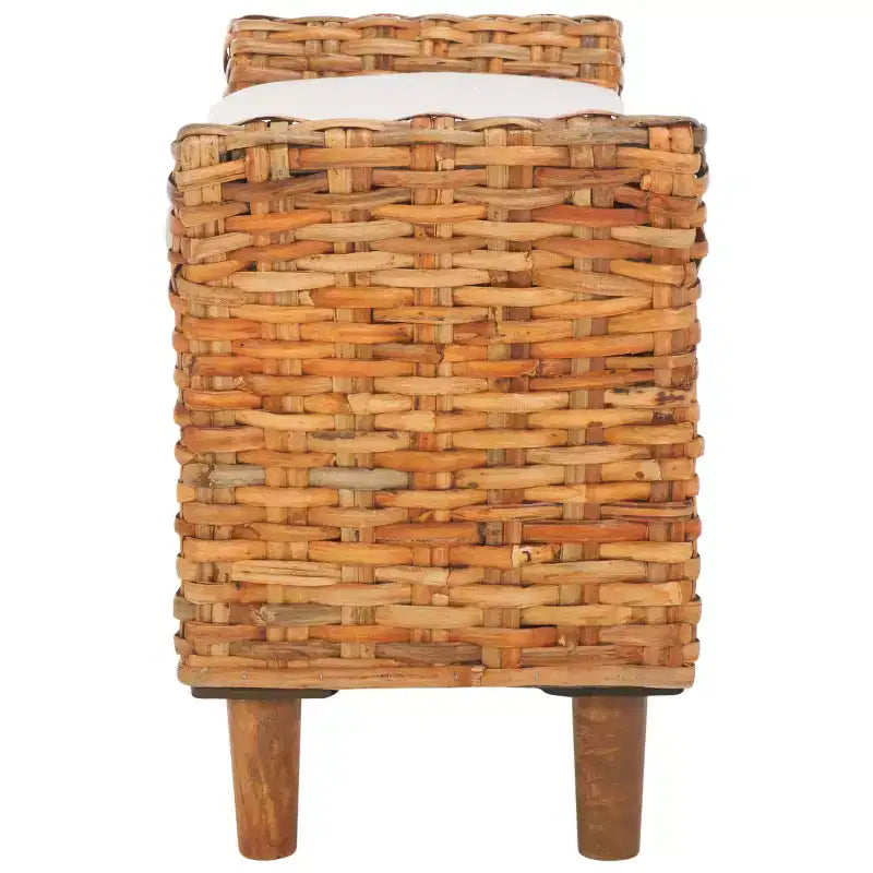 Upholstered Bench with Mango Wood and Rattan Frame, White and Brown