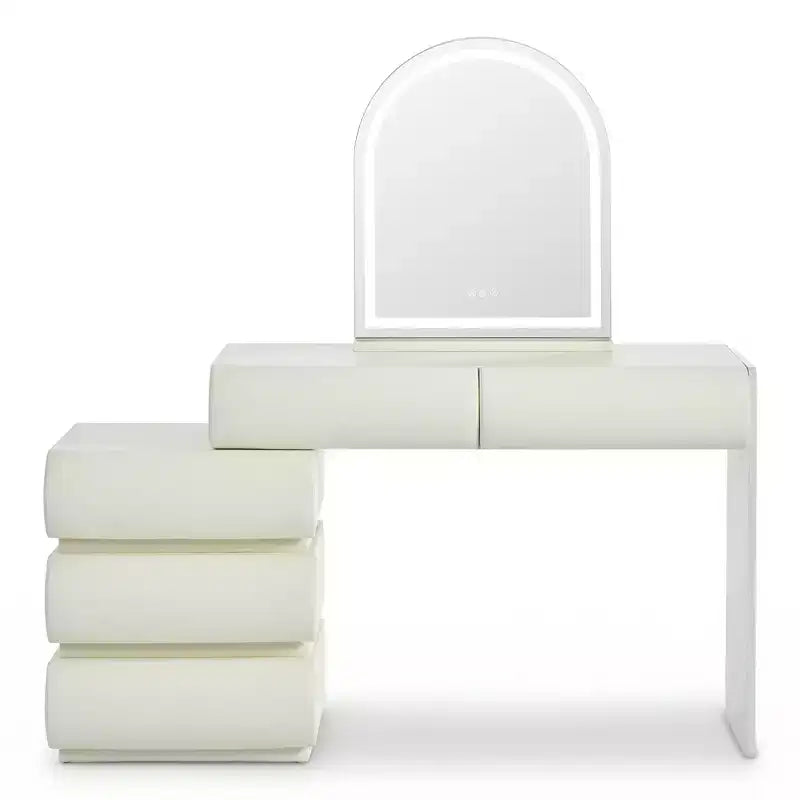 Whisen Luxury Makeup Vanity Desk, Dressing Table Vanity with Mirror, Movable Side Cabinet, 6 Drawers Storage and Stool
