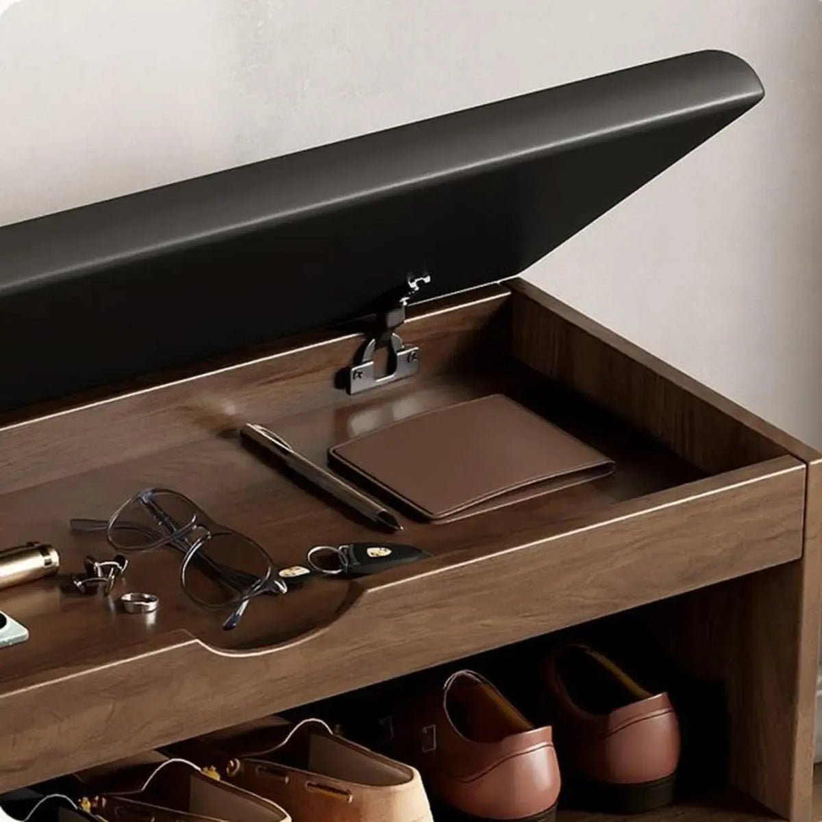 Banc de rangement à chaussures en bois massif avec coussin et étagère ouverte
