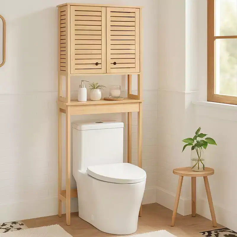 Evideco French Home Goods Over The Toilet Storage Cabinet with Double Vented Doors and Open Shelf, Natural - Trinidad Collection