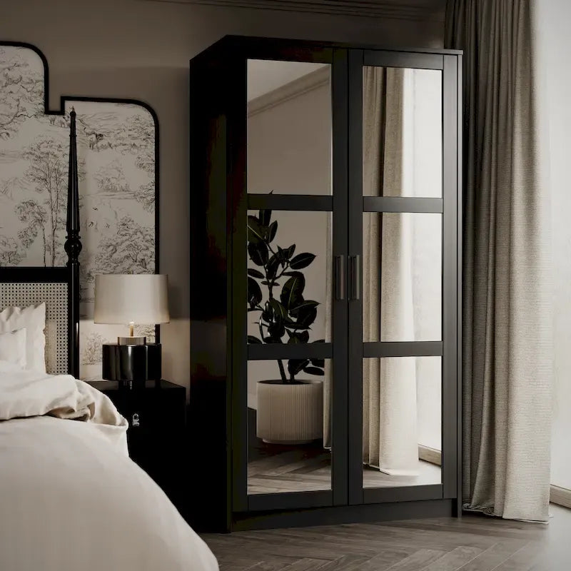 100% Solid Wood 2-Door Urban Wardrobe Armoire with Solid and Mirrored Doors