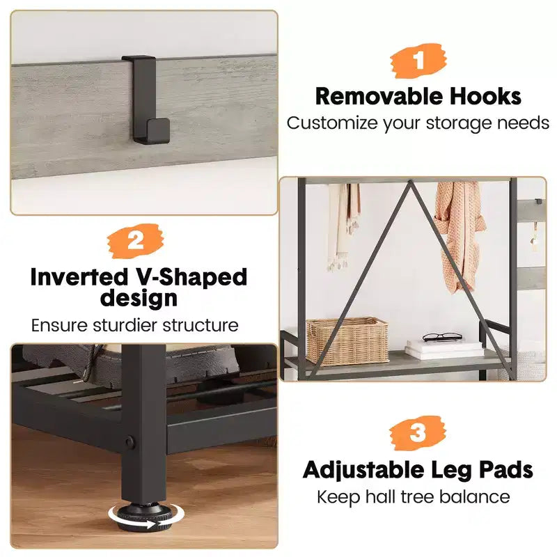 Entryway Shoe Storage Rack with Bench, Coat Rack Hall Tree with 7 Hooks and Storage Shelf, Entryway Coat Rack for Hallway Mudroom Bedroom
