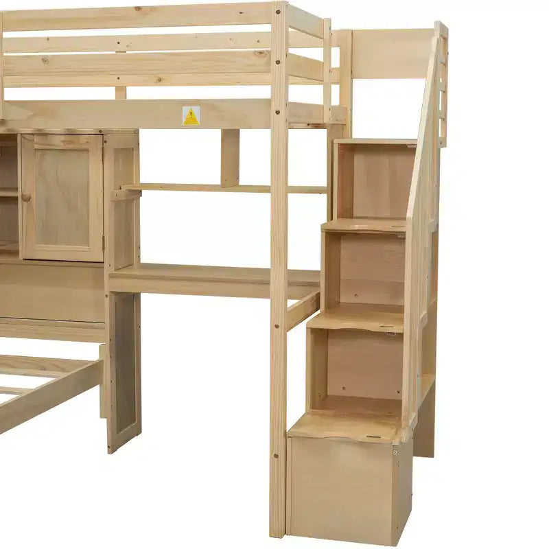 Wood Twin Size Bunk Bed with Desk and Staircase, L-Shaped Twin over Twin Loft Bed with Storage Compartments and Shelves