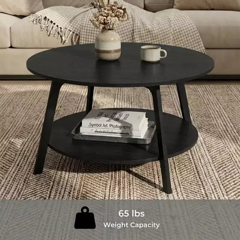 Honey Brown Round Coffee Table with 2 Tiers of Storage, Measuring 31.5 x 17.7 Inches, Ideal for the Living Room