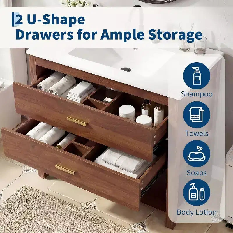 36 Farmhouse Bathroom Vanity with Sink  Freestanding Walnut Vanity Cabinet with 2 Drawers, Open Shelf & Handles, Easy Assembly