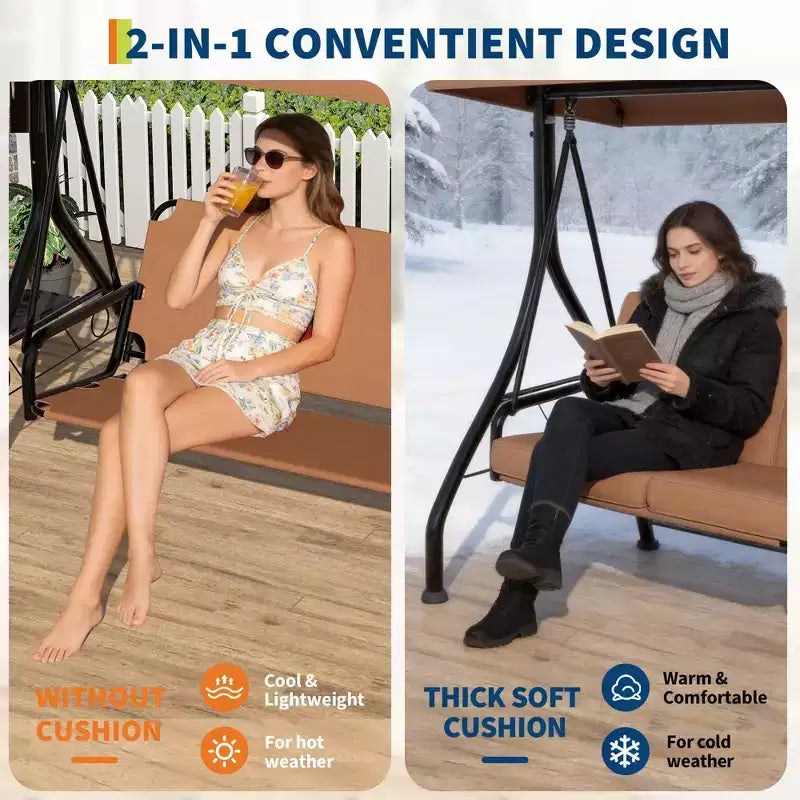 3 Seat Outdoor Porch Swing, 2-in-1 Patio Swing Chair, Thickened Removable Cushions, Adjustable Canopy, Weather Resistant Steel Frame