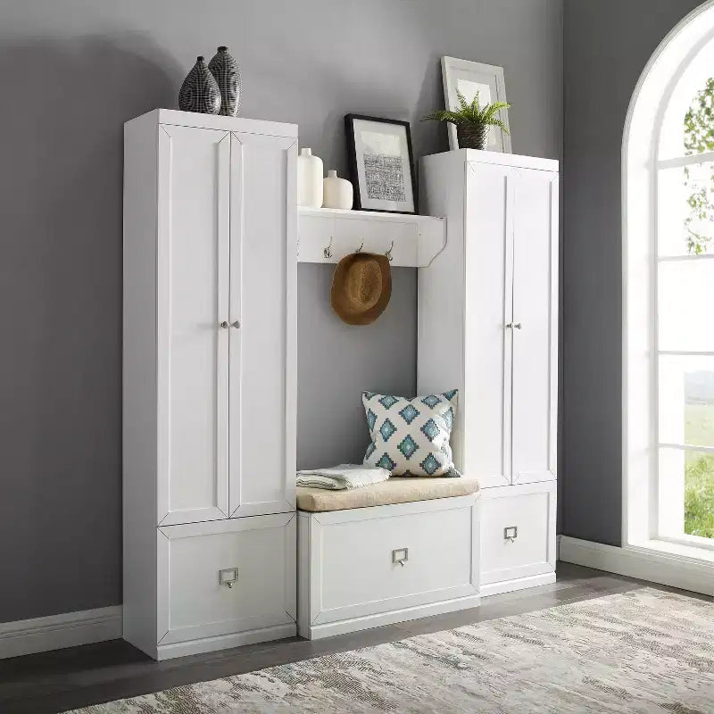 4pc Harper Entryway Set with Bench, Shelf & 2 Pantry Closets: Organizer with Coat Rack - Crosley