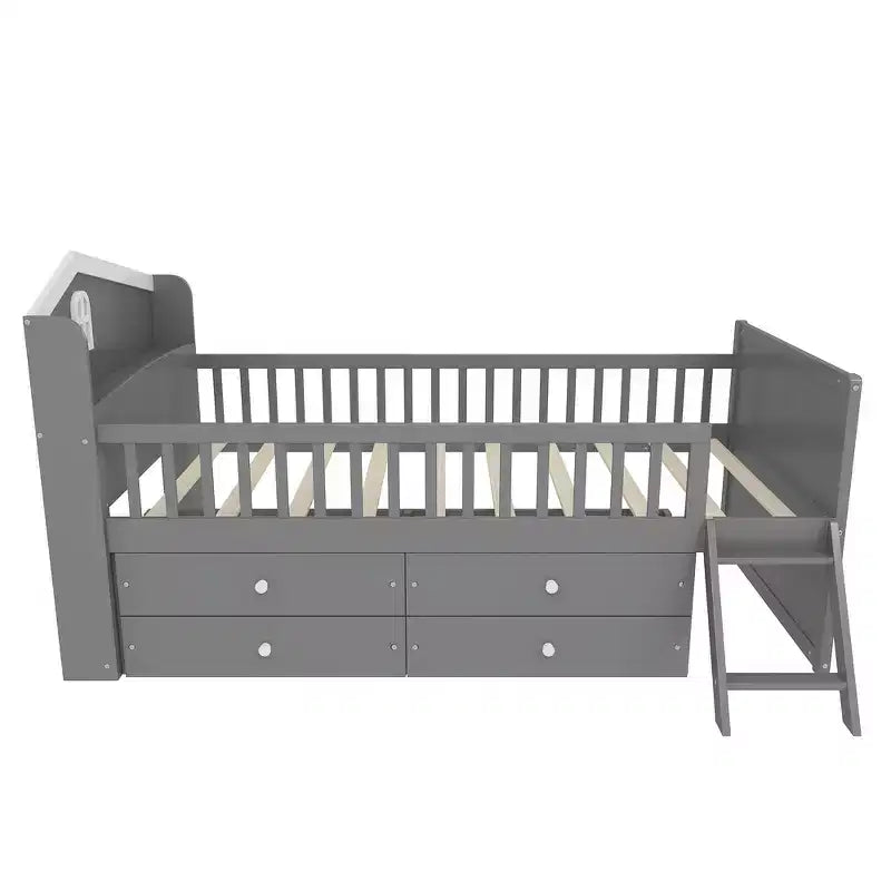 Whisen Twin Wooden Bed Frame, Platform Bed Frame with Storage 4 Drawers, Guardrail Headboard and Ladder