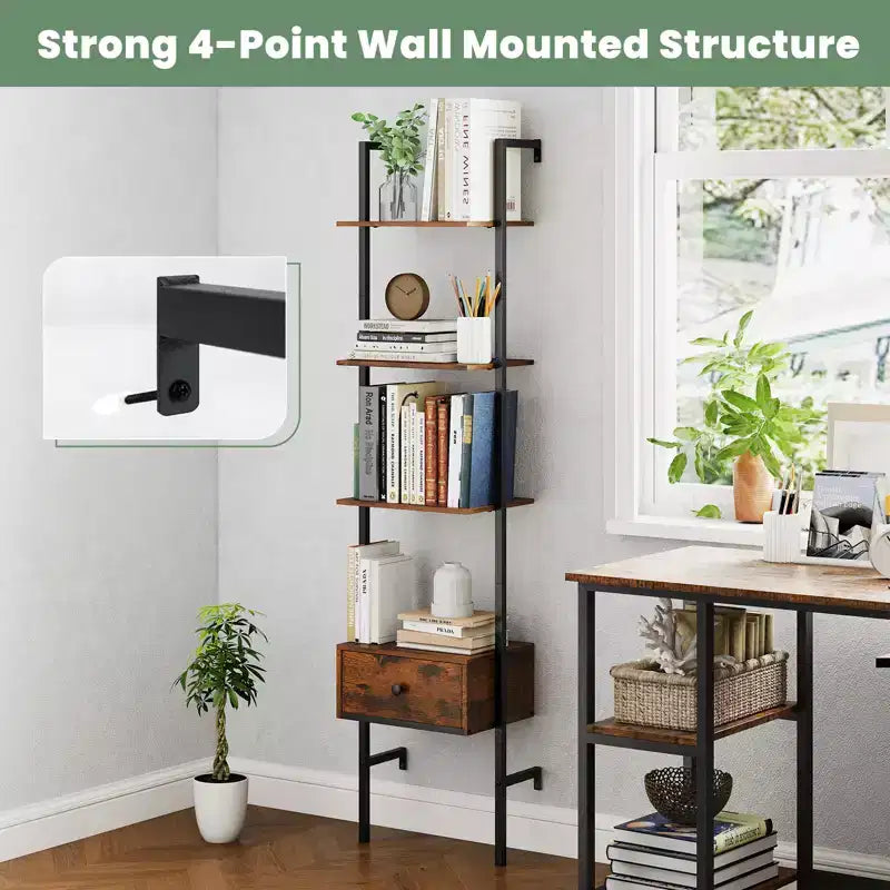Costway 2 PCS 5-Tier Bookshelf w/ Drawer 70 Wall Mount Ladder Bookcase w/ Metal Frame