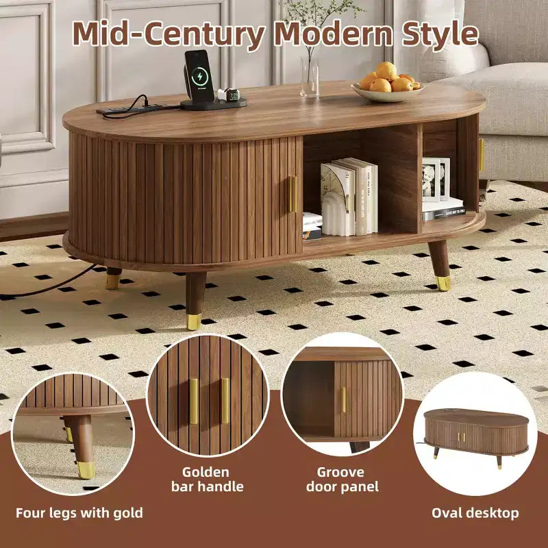 CLIHOME Wooden Farmhouse TV Stand & Coffee Table Set with Charging Station, Oval Fluted Media Console for TVs up to 80