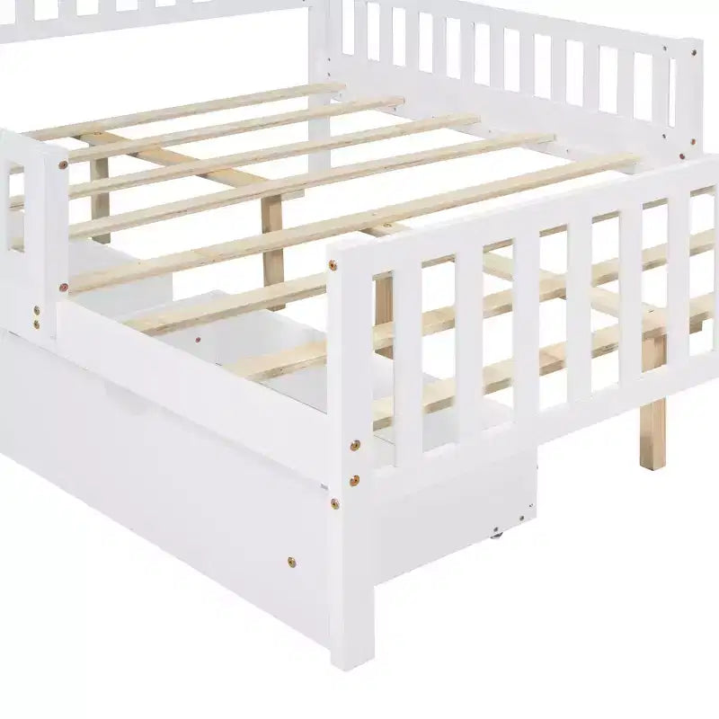 Full Size Wood Platform Bed with Guardrails on Both Sides and Two Storage Drawers, White