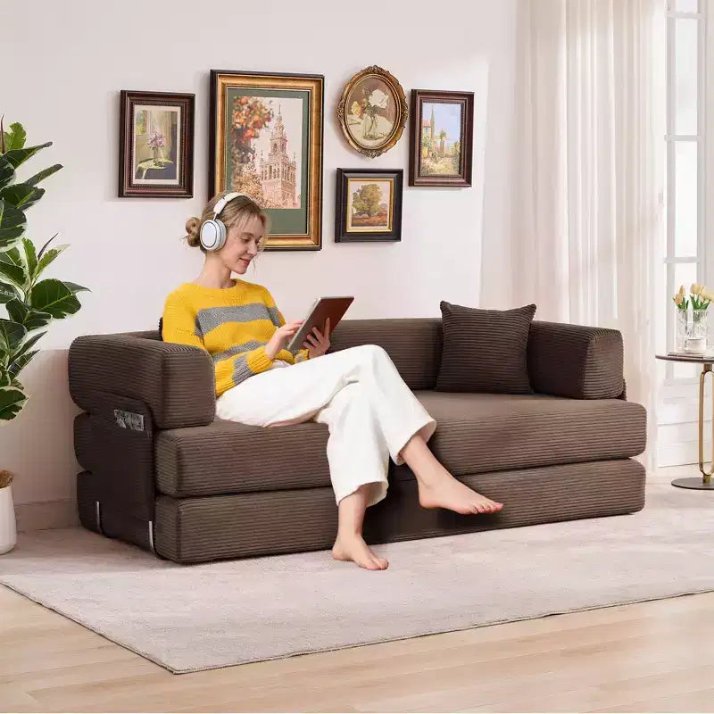 Modern 79 Corduroy Futon Sofa Bed for Small Spaces, 5-in-1 Convertible Sleeper Couch with Removable Armrests & Pillows