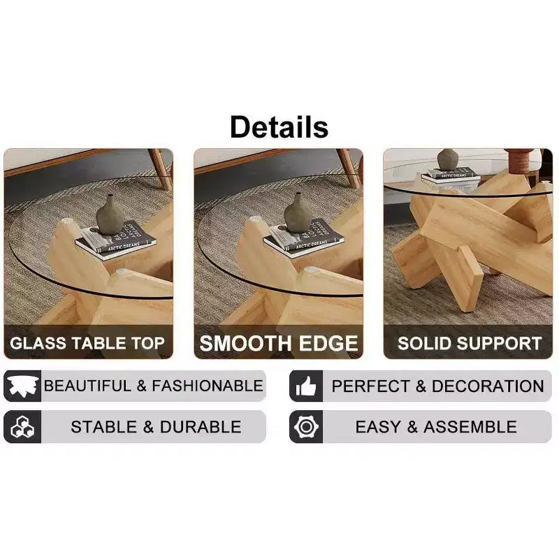 Okak Modern Circular Glass Coffee Table, Small Distinctive Design Tea Table Wood Legs for Living Room Reception Office Farmhouses