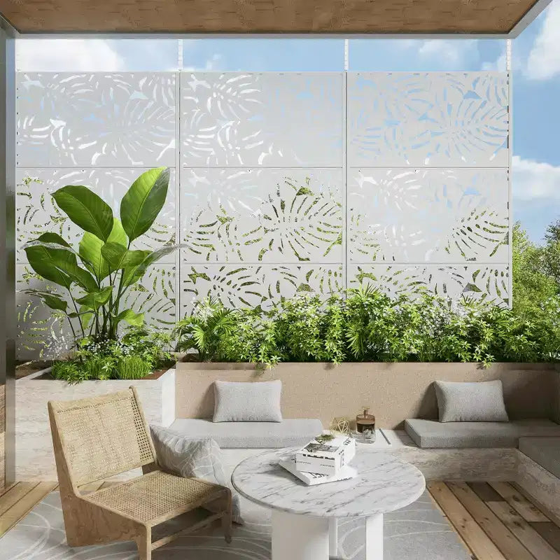72H Room Divider Rectangle Galvanized Metal Frame Freestanding Privacy Screen Garden Fence Patio White