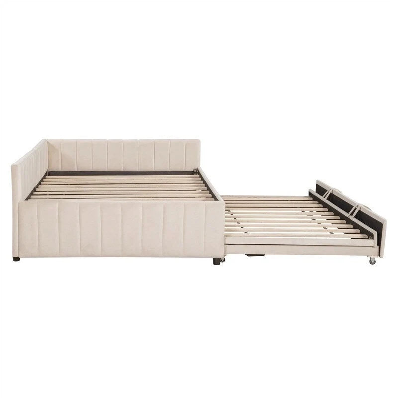 Upholstered Daybed with Twin Size Pop Up Trundle, Full Size Daybed Frame Sofa Bed with L-Shaped Backrest and Striped Design