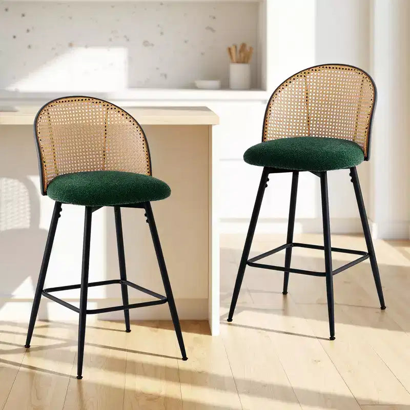 Bekrvio 26 Mid-Century Modern Swivel Bar Stools Set of 2/3/4, Boucle Upholstered Bar Chairs with Rattan Back & Metal Legs for Kitchen Counter