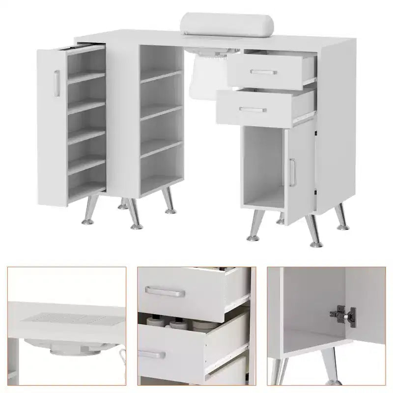 GustoWave 42.5 in Manicure Table Nail Station with Wrist Rest and Dust Collector, Nail Desk with Vertical Pull-Out Locker, White