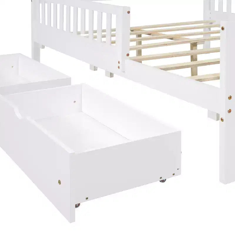 Full Size Wood Platform Bed with Guardrails on Both Sides and Two Storage Drawers, White