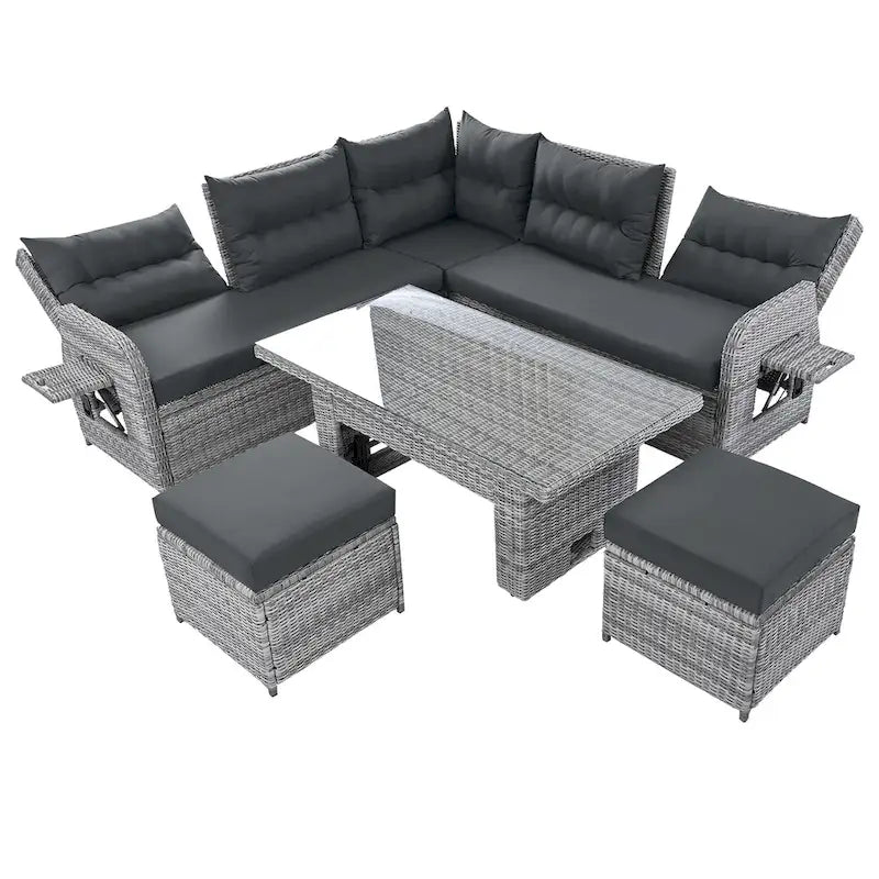 Outdoor Rattan Sectional Sofa Set with Adjustable Table & Recliners