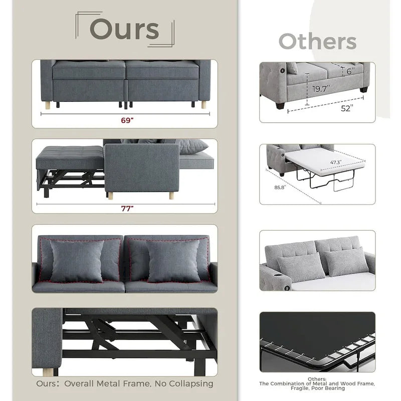 AECOJOY 3-in-1 Sofa Bed Double Sleeper Chair Bed