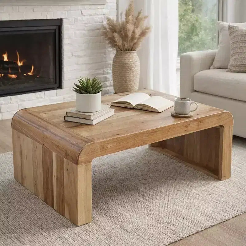 Royal Hampton Coffee Table Handcrafted Natural Acacia Wood Rectangular Curved Waterfall Top, 36 Inch