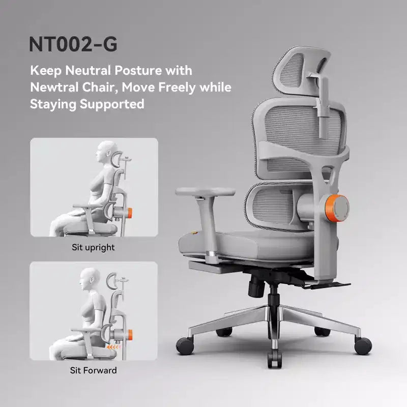 Chaise de bureau ergonomique Newtral avec repose-pieds - Fauteuil inclinable avec accoudoirs 4D - NT002+LAPD-GRAY