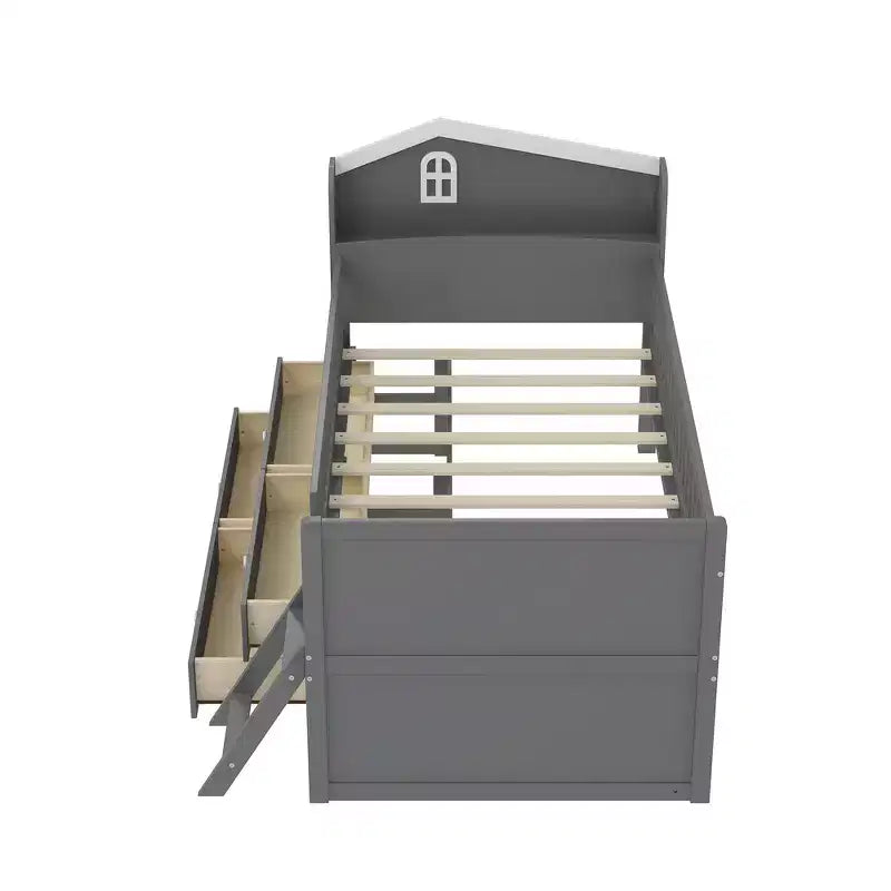 Whisen Twin Wooden Bed Frame, Platform Bed Frame with Storage 4 Drawers, Guardrail Headboard and Ladder